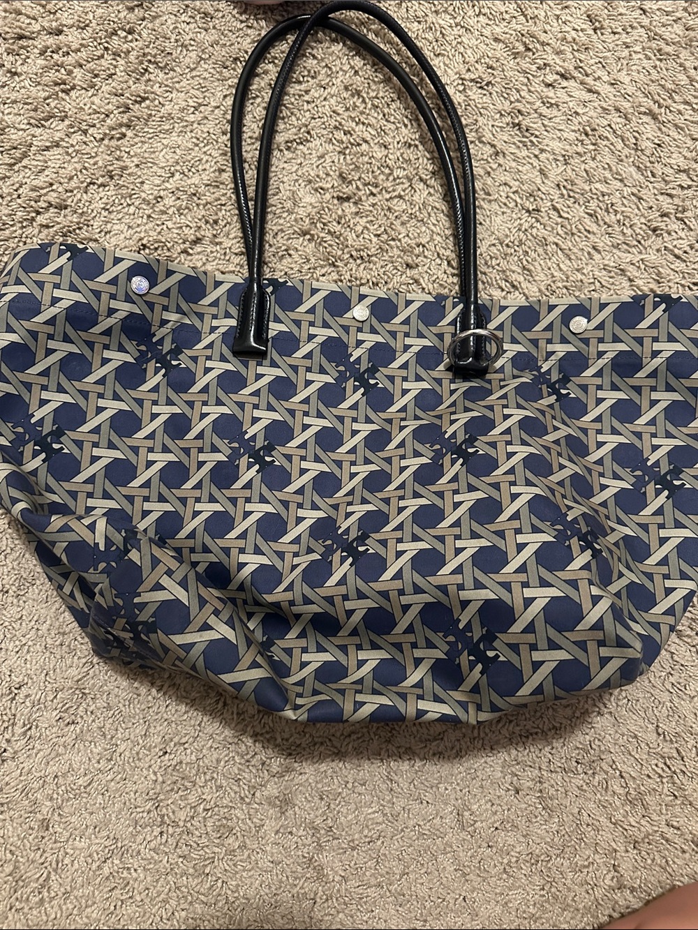 Navy and Beige Patterned Tote Bag
